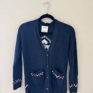 Abercrombie & Fitch Navy Knit Button-Front Cardigan with Patterned Trim